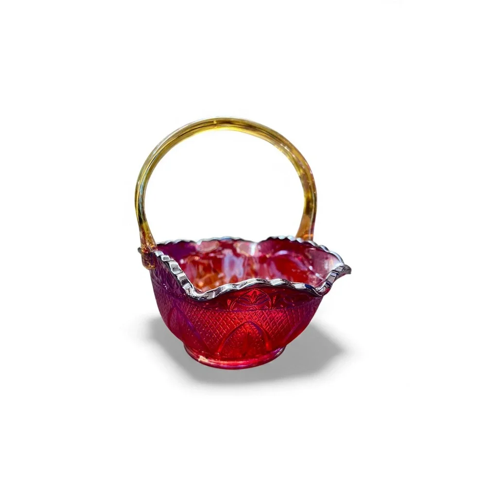 Carnival Glass Candy Dish Basket Hobnail Handle Iridescent Ruby Red Amber